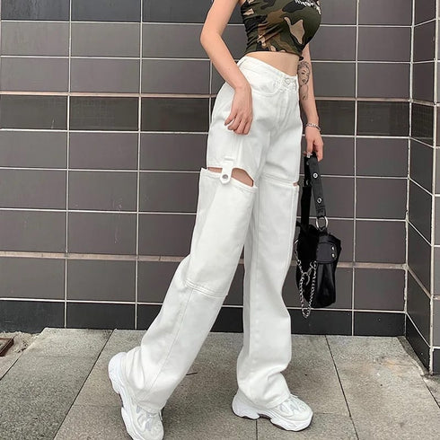 Cargo Large Pocket Hollow Cut Straight Pants